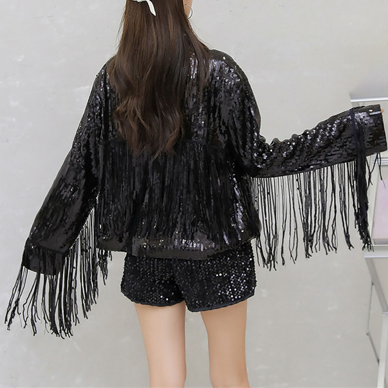 Jachetă cu mânecă lungă din paiete pentru femei, cu ciucuri, cu fermoar, jachetă largi, subțire, impermeabilă, pentru doamne, la modă куртка женская