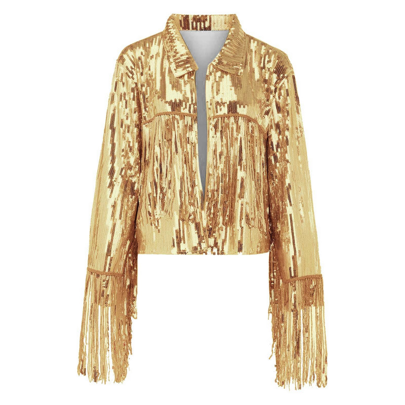 Jachetă cu mânecă lungă din paiete pentru femei, cu ciucuri, cu fermoar, jachetă largi, subțire, impermeabilă, pentru doamne, la modă куртка женская