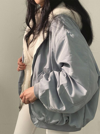 Корейско дебело подплатено пухено женско яке с качулка Две страни Свободно късо горнище с дълъг ръкав 2023 Зимно женско топло ежедневно палто с цип