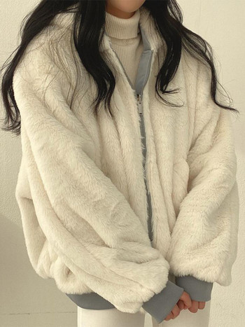 Корейско дебело подплатено пухено женско яке с качулка Две страни Свободно късо горнище с дълъг ръкав 2023 Зимно женско топло ежедневно палто с цип
