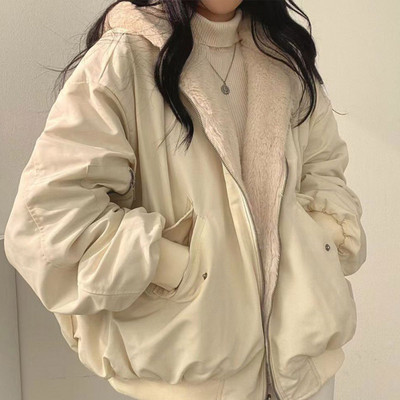 Korėjietiškas storas paminkštintas moteriškas striukė su gobtuvu, dvipusis laisvas trumpas, ilgomis rankovėmis, 2023 m. žieminis moteriškas užtrauktukas šiltas laisvalaikio paltas