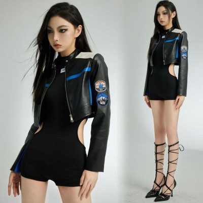 Jachetă americană casual din piele pu, 2023, nou contrast, versatilă, scurtă, cu fermoar, haine goth harajuku