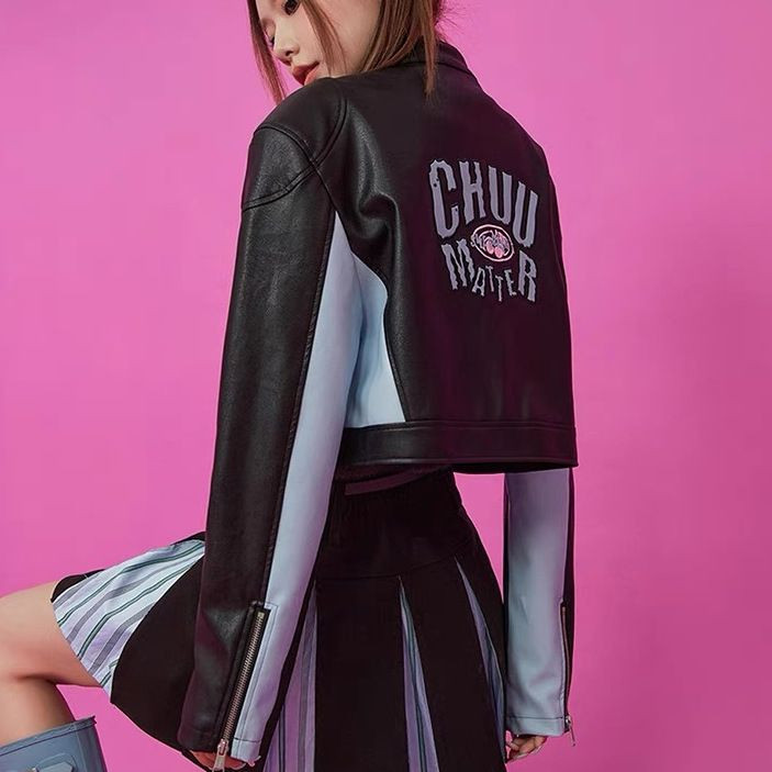 Jachetă americană casual din piele pu, 2023, nou contrast, versatilă, scurtă, cu fermoar, haine goth harajuku