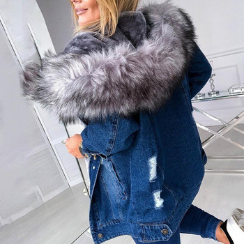 Дамско зимно палто от изкуствена кожа 2020 Черно дънково яке с качулка Ежедневни дамски големи джинсови якета Модни топли дебели есенни връхни дрехи