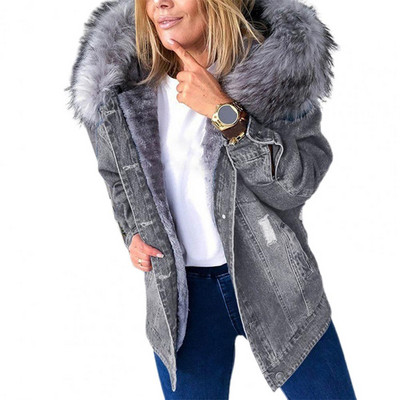 Jachetă de iarnă din blană artificială pentru femei 2020, jachetă neagră de blugi, cu glugă, ocazional, jachete de blugi supradimensionate pentru femei, la modă, caldă, groasă, îmbrăcăminte de toamnă