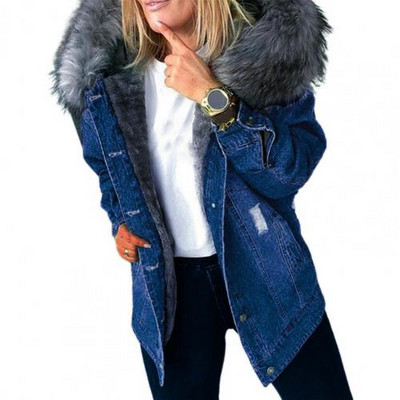 Jachetă de iarnă din blană artificială pentru femei 2020, jachetă neagră de blugi, cu glugă, ocazional, jachete de blugi supradimensionate pentru femei, la modă, caldă, groasă, îmbrăcăminte de toamnă