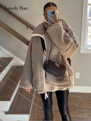 Palton de pluș de lână de miel pentru damă, cu fermoar, mânecă lungă, guler mare, largi, jachete de damă, îmbrăcate în buzunar, îmbrăcăminte de stradă Y2k