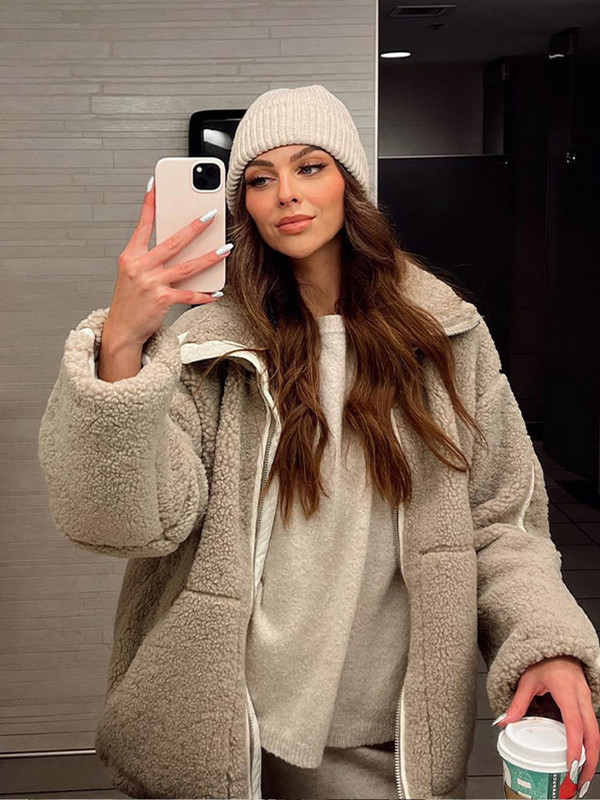 Palton de pluș de lână de miel pentru damă, cu fermoar, mânecă lungă, guler mare, largi, jachete de damă, îmbrăcate în buzunar, îmbrăcăminte de stradă Y2k