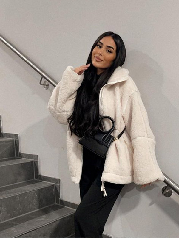 Palton de pluș de lână de miel pentru damă, cu fermoar, mânecă lungă, guler mare, largi, jachete de damă, îmbrăcate în buzunar, îmbrăcăminte de stradă Y2k
