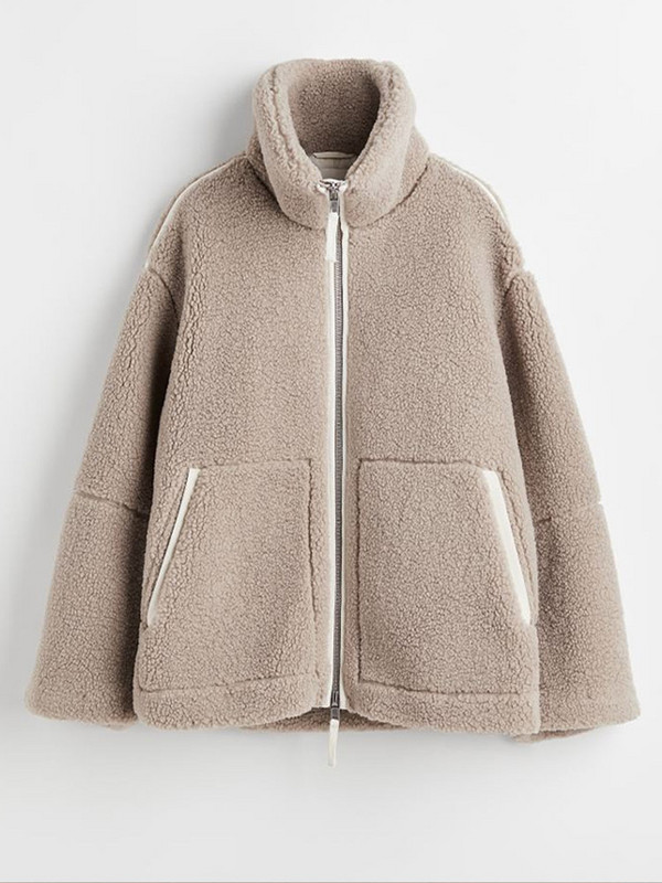 Palton de pluș de lână de miel pentru damă, cu fermoar, mânecă lungă, guler mare, largi, jachete de damă, îmbrăcate în buzunar, îmbrăcăminte de stradă Y2k