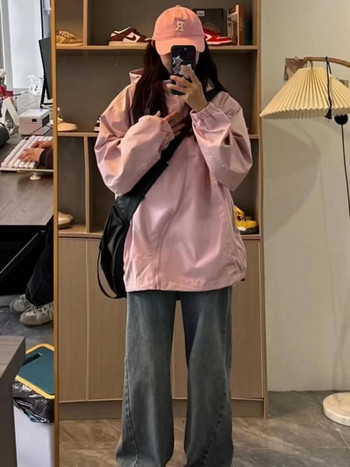 HOUZHOU корейски стил Gorpcore розови якета за спортни дамски хипи Y2K яке с цип с голяма ветровка Harajuku Streetwear Outwear