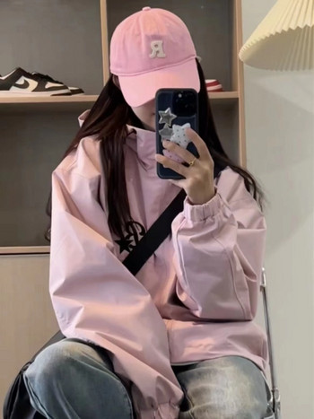 HOUZHOU корейски стил Gorpcore розови якета за спортни дамски хипи Y2K яке с цип с голяма ветровка Harajuku Streetwear Outwear