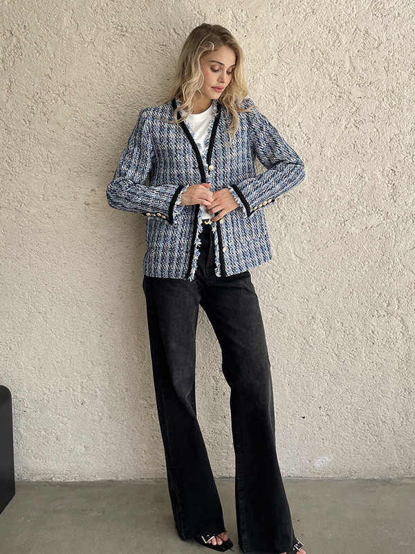 2023 Femei Primavara Toamna Design nou Jacheta si palton din tweed Imbracaminte exterioara albastra