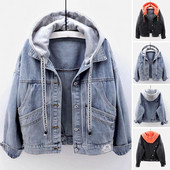 Rudens ziemas sieviešu džinsa jaka ikdienišķa džinsa jaka ar garām piedurknēm džinsa mētelis ar kapuci kabatas jakas Virsdrēbes 2023, jauna mode