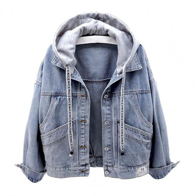Rudens ziemas sieviešu džinsa jaka ikdienišķa džinsa jaka ar garām piedurknēm džinsa mētelis ar kapuci kabatas jakas Virsdrēbes 2023, jauna mode