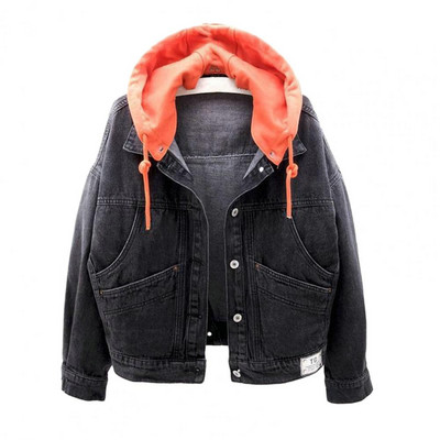 Rudens ziemas sieviešu džinsa jaka ikdienišķa džinsa jaka ar garām piedurknēm džinsa mētelis ar kapuci kabatas jakas Virsdrēbes 2023, jauna mode