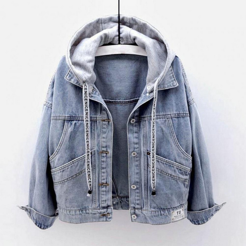 Rudens ziemas sieviešu džinsa jaka ikdienišķa džinsa jaka ar garām piedurknēm džinsa mētelis ar kapuci kabatas jakas Virsdrēbes 2023, jauna mode