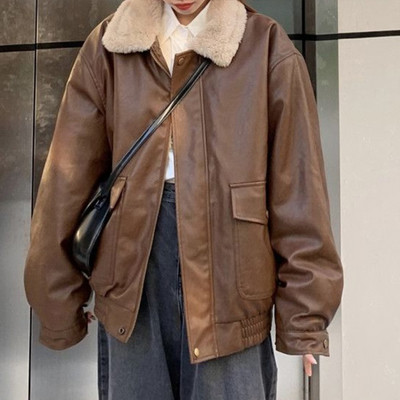 Geacă din piele retro pentru femeie groasă, cu mânecă lungă, cu rever cu mânecă lungă, caldă, largi, toamnă iarnă, haină nouă cu fermoar pentru femei