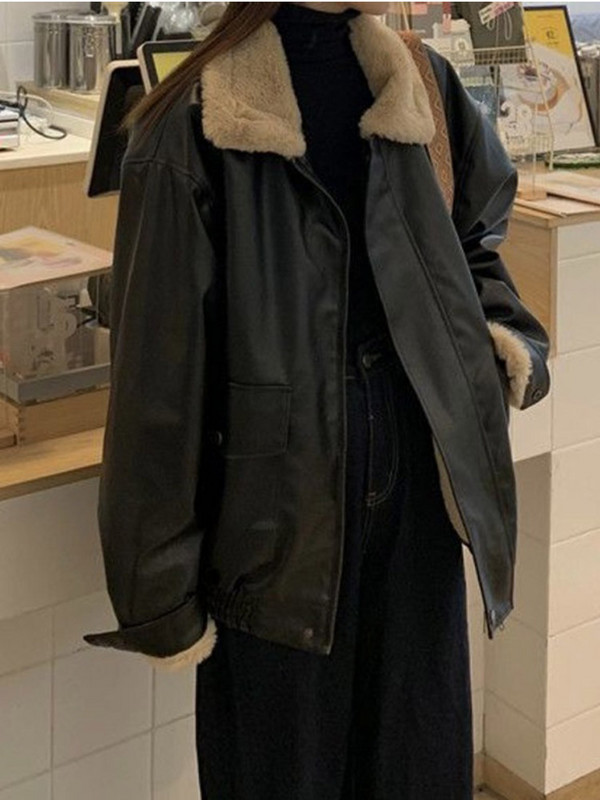 Geacă din piele retro pentru femeie groasă, cu mânecă lungă, cu rever cu mânecă lungă, caldă, largi, toamnă iarnă, haină nouă cu fermoar pentru femei