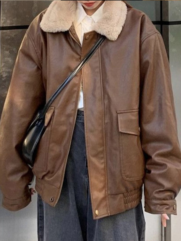 Geacă din piele retro pentru femeie groasă, cu mânecă lungă, cu rever cu mânecă lungă, caldă, largi, toamnă iarnă, haină nouă cu fermoar pentru femei