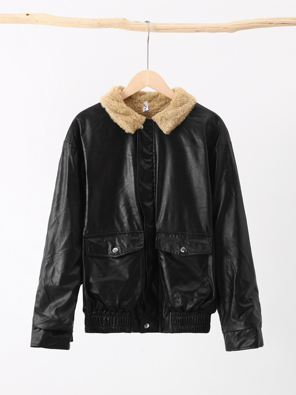 Geacă din piele retro pentru femeie groasă, cu mânecă lungă, cu rever cu mânecă lungă, caldă, largi, toamnă iarnă, haină nouă cu fermoar pentru femei