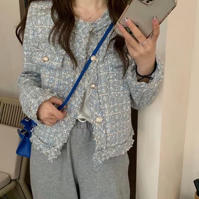 HJLZWB Új divatos koreai elegáns vintage tweed gyapjú kabát női őszi egysoros kockás bojt irodai hölgy Outwea2023