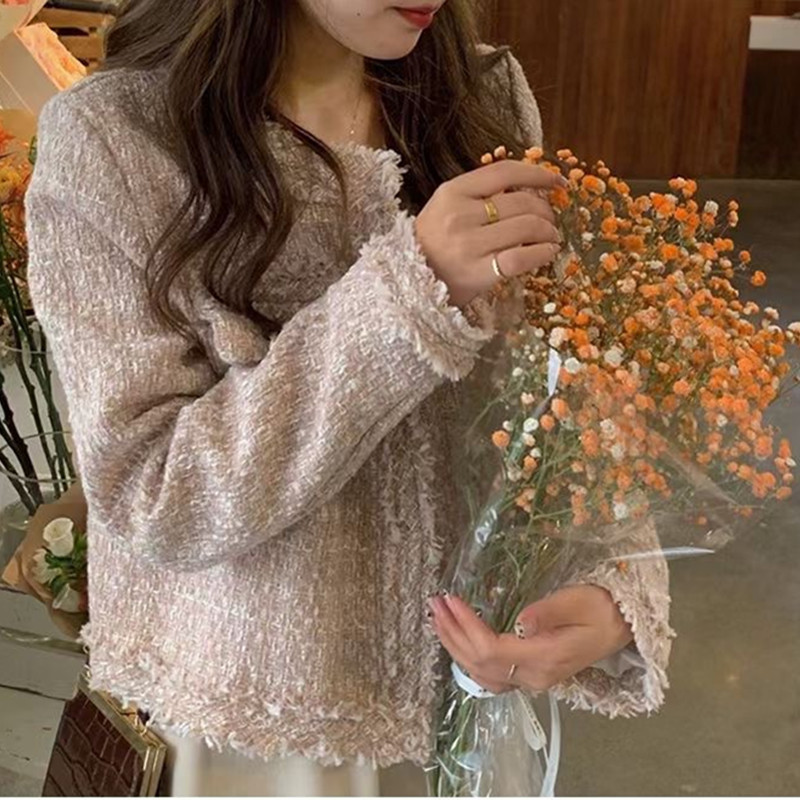 HJLZWB Új divatos koreai elegáns vintage tweed gyapjú kabát női őszi egysoros kockás bojt irodai hölgy Outwea2023