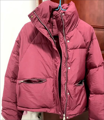 Улично облекло Късо дамско палто с подплата Зимно топло сняг Casaco корейска яка със стойка Бяло Jaquetas Ежедневно джобно цип Abrigos Ново