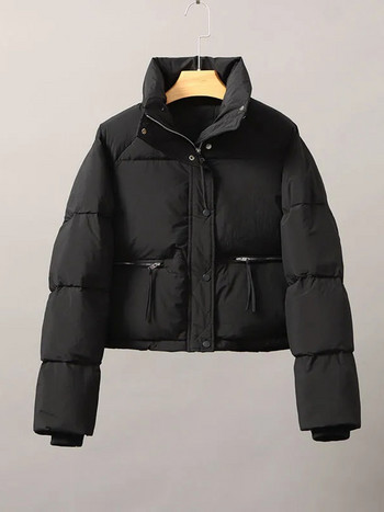 Улично облекло Късо дамско палто с подплата Зимно топло сняг Casaco корейска яка със стойка Бяло Jaquetas Ежедневно джобно цип Abrigos Ново
