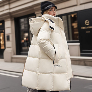 2023 Зимно дълго пухено памучно яке Дамско корейско модно плътно топло парка с качулка и цип Свободно ежедневно снежно облекло Палто с големи размери