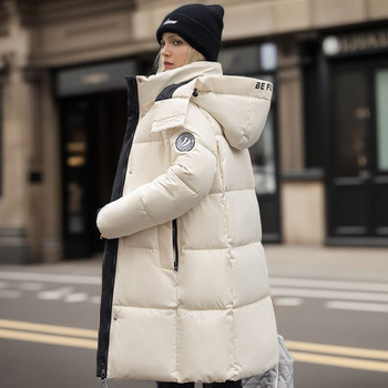2023 Зимно дълго пухено памучно яке Дамско корейско модно плътно топло парка с качулка и цип Свободно ежедневно снежно облекло Палто с големи размери