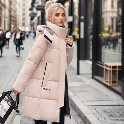 Jachetă lungă din bumbac de iarnă 2023, pentru femei, de modă coreeană, solidă, caldă, cu glugă, parka cu fermoar, lejer, ocazional pentru zăpadă, haină supradimensionată