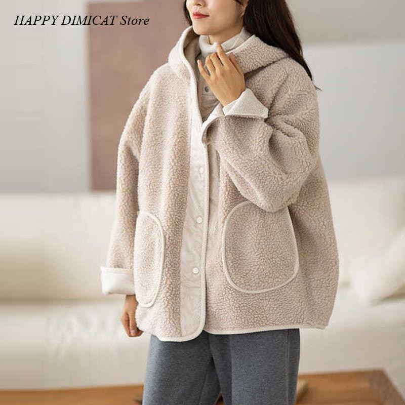 Topli dvostrani vuneni kaput Ležerni s kapuljačom Nova jesenska i zimska modna pamučna jakna od flisa Ženska odjeća Trench
