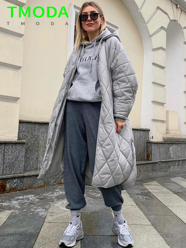 T MODA 2023 Moteriška laisva, šilta vidutinio ilgio medvilninė striukė su gobtuvu dygsniuotas paltas moteriško rašto parkas Laisvalaikis moteriškas prašmatnus storas viršutinis drabužis