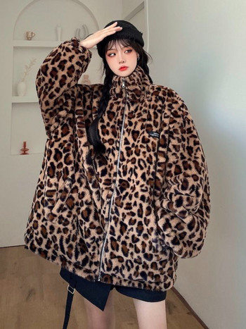 Модно двустранно облекло Дебело плюшено яке с леопардов принт Дамско 2022 Есен Зима Ретро Ежедневни якета от изкуствена кожа Палто Streetwear