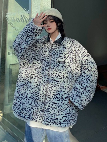 Модно двустранно облекло Дебело плюшено яке с леопардов принт Дамско 2022 Есен Зима Ретро Ежедневни якета от изкуствена кожа Палто Streetwear