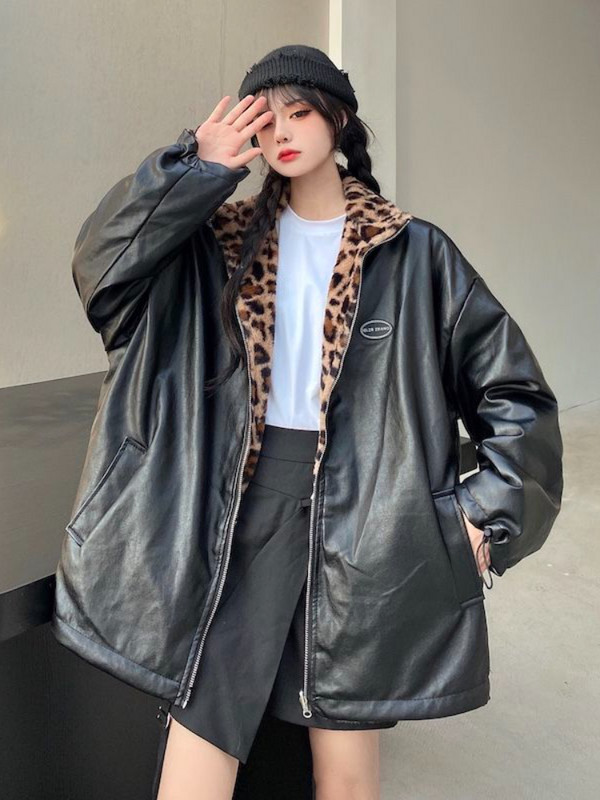 Jachetă groasă de pluș cu imprimeu leopard, la modă, pe două fețe, pentru femei 2022, toamnă iarnă, retro, jachete casual din piele Pu, haină de stradă