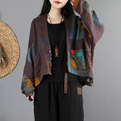 Pavasario rudeniniai ploni megztiniai apatiniai moteriški drabužiai su kišenėmis ilgomis rankovėmis trumpomis kinų etninio stiliaus laisva striuke Vintažinis medvilninis lininis paltas