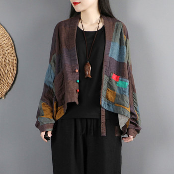 Пролетно-есенна тънка жилетка Горно облекло Дамско джобно дълги ръкави Късо свободно яке в китайски етнически стил Винтидж памучно ленено палто