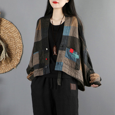 Pavasario rudeniniai ploni megztiniai apatiniai moteriški drabužiai su kišenėmis ilgomis rankovėmis trumpomis kinų etninio stiliaus laisva striuke Vintažinis medvilninis lininis paltas