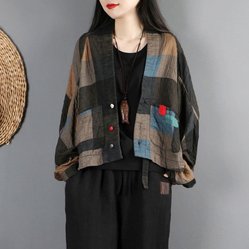 Pavasario rudeniniai ploni megztiniai apatiniai moteriški drabužiai su kišenėmis ilgomis rankovėmis trumpomis kinų etninio stiliaus laisva striuke Vintažinis medvilninis lininis paltas