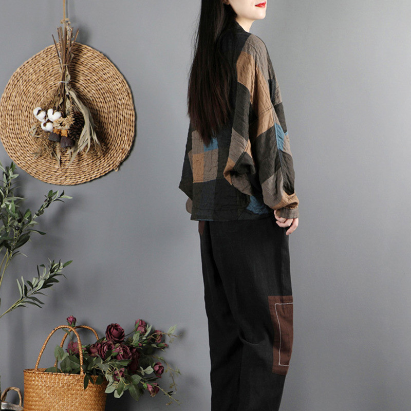Pavasario rudeniniai ploni megztiniai apatiniai moteriški drabužiai su kišenėmis ilgomis rankovėmis trumpomis kinų etninio stiliaus laisva striuke Vintažinis medvilninis lininis paltas