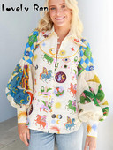 Moodsad koomiksitrükiga naiste särgid 2023 Retro pikkade laternatega varrukatega pluus Naiste elegantsed revääriga puhvisärgid, värvilised šikk top