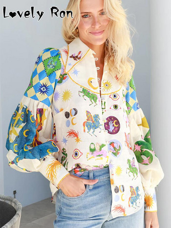 Модни ризи с карикатурен принт за жени 2023 г. Ретро блуза с дълги ръкави с фенер Дамски елегантни ризи с ревери, шик в хитов цвят
