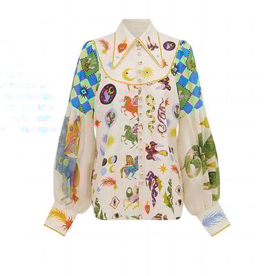 Moodsad koomiksitrükiga naiste särgid 2023 Retro pikkade laternatega varrukatega pluus Naiste elegantsed revääriga puhvisärgid, värvilised šikk top