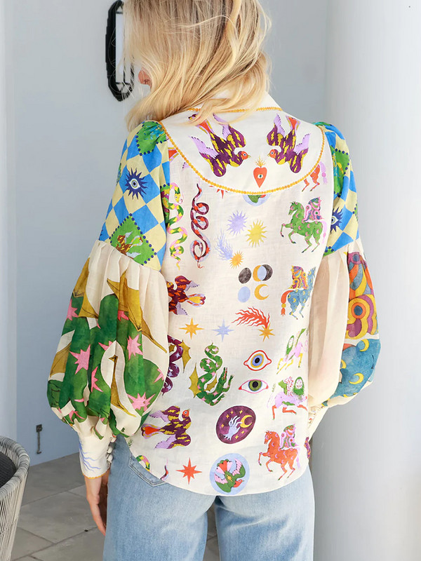 Moodsad koomiksitrükiga naiste särgid 2023 Retro pikkade laternatega varrukatega pluus Naiste elegantsed revääriga puhvisärgid, värvilised šikk top