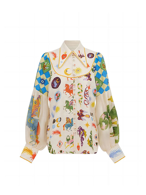 Moodsad koomiksitrükiga naiste särgid 2023 Retro pikkade laternatega varrukatega pluus Naiste elegantsed revääriga puhvisärgid, värvilised šikk top