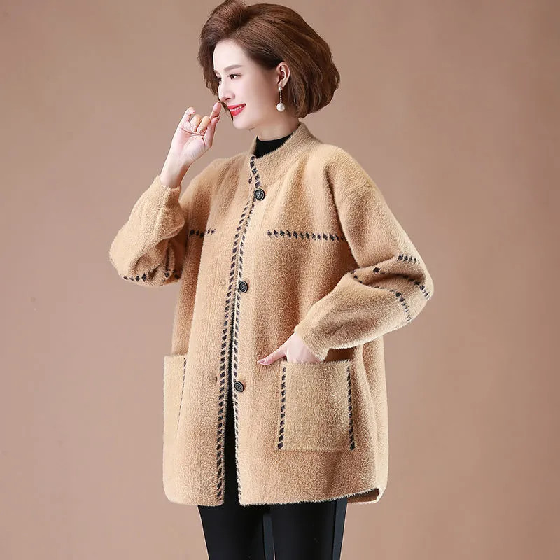 Toamnă Iarnă Palton din lână de miel Femei 2023 Noua modă Largi imitație nurcă Cașmir Jachetă Buzunar cu nasturi Îmbrăcăminte exterioară de culoare pură Femei