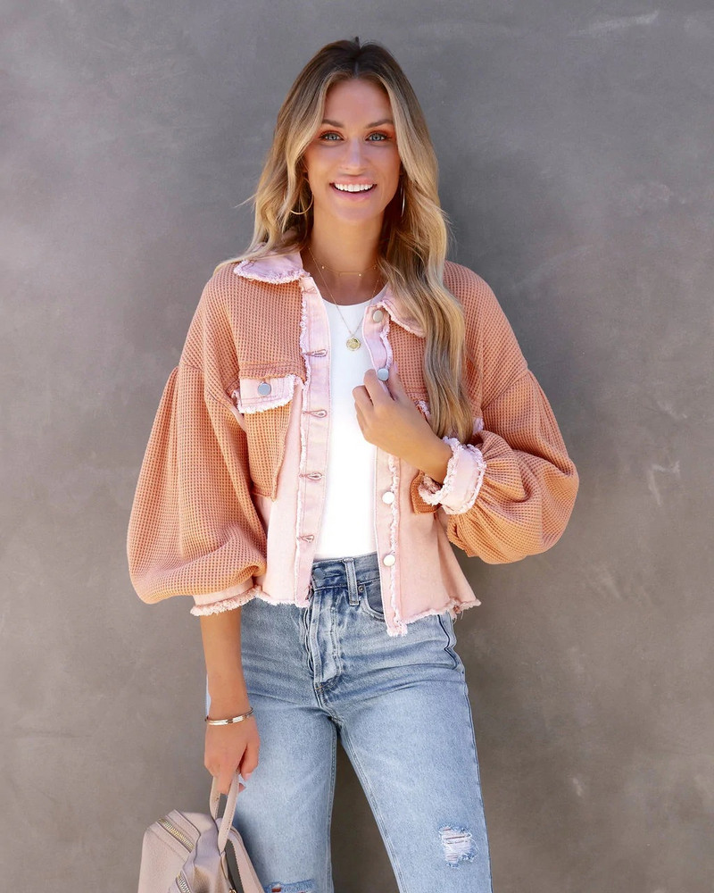 Jachetă de damă, mozaică, tip waffle, cu buzunare la piept, cu nasturi în față, decupată, îmbrăcăminte de îmbrăcăminte, topuri casual