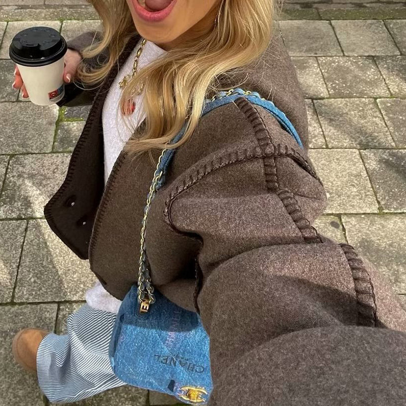 Žiemos rudens Y2K zomšinė striukė, ruda, palaida, stora, šilta striukė, trumpi motociklo rudi paltai